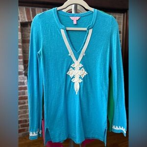 Calypso St. Barths blue Long Sleeve cotton Tunic with White Embroidery